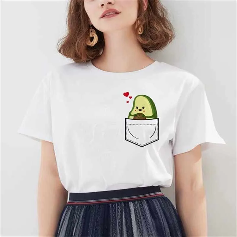 

Maycaur Hot Avocado Pocket Print Tshirts Kawaii Fashion Printed Women Tshirt O-neck Short Sleeve Tshirt White Tops Female Clothe