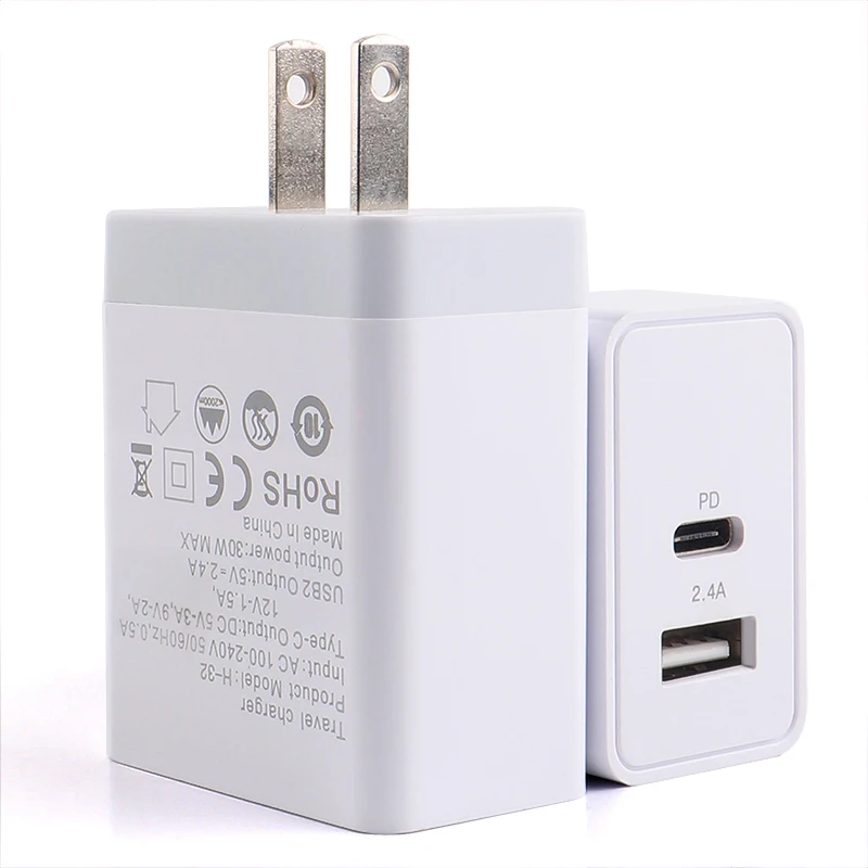

LVSHUO 30W PD 18W USB-C + 5V 2.4A 12W Dual USB Charger Quick Travel Adapter 30W Fast Charger 2 Port USB Wall Universal Charger, White