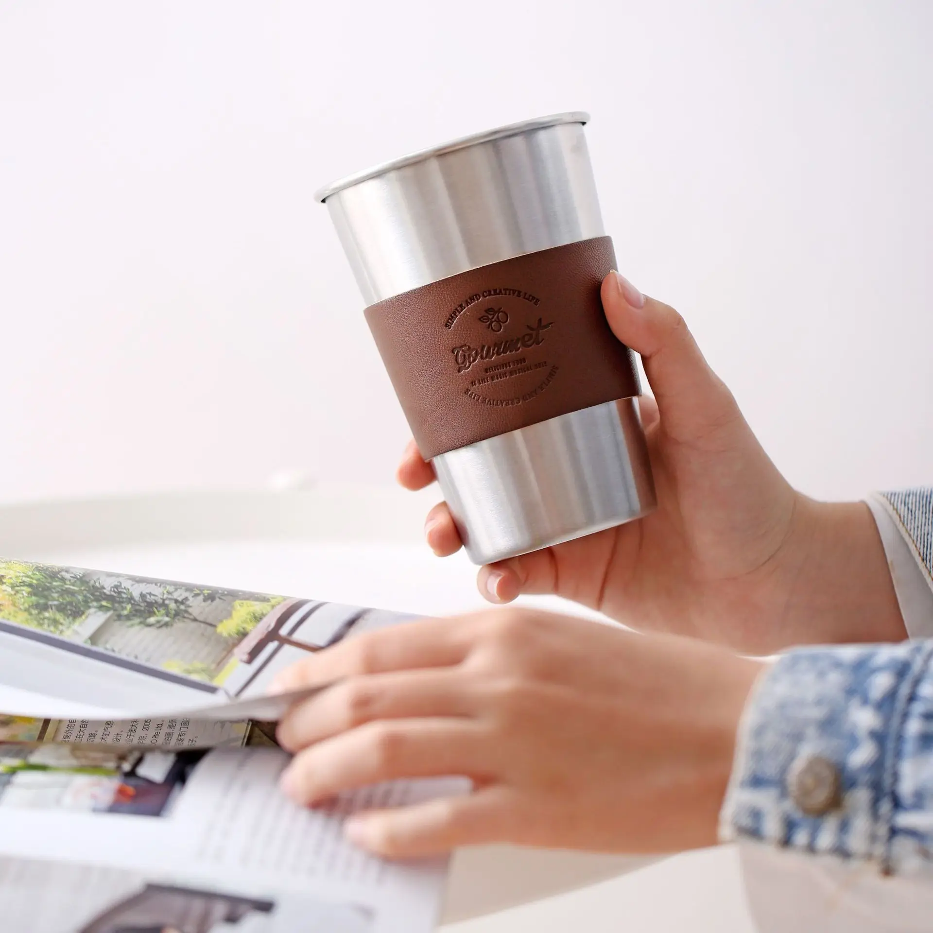 

HY new style insulation leather steel cup table ware creative juice cup office travel coffee Convenient Sleeve Holder steel mug