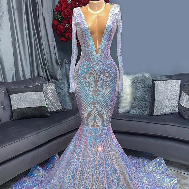 

EV102 Sexy Long Sleeves Mermaid Prom Dresses Sparkly Sequin 2022 for Black Glirs V Neck African Women Formal Evening Gala Gowns