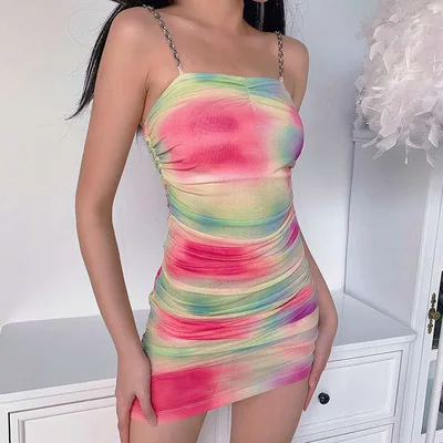 

2021 European American summer new sexy backless holiday style female skirt tie-dye chain suspender women dress, Colorful
