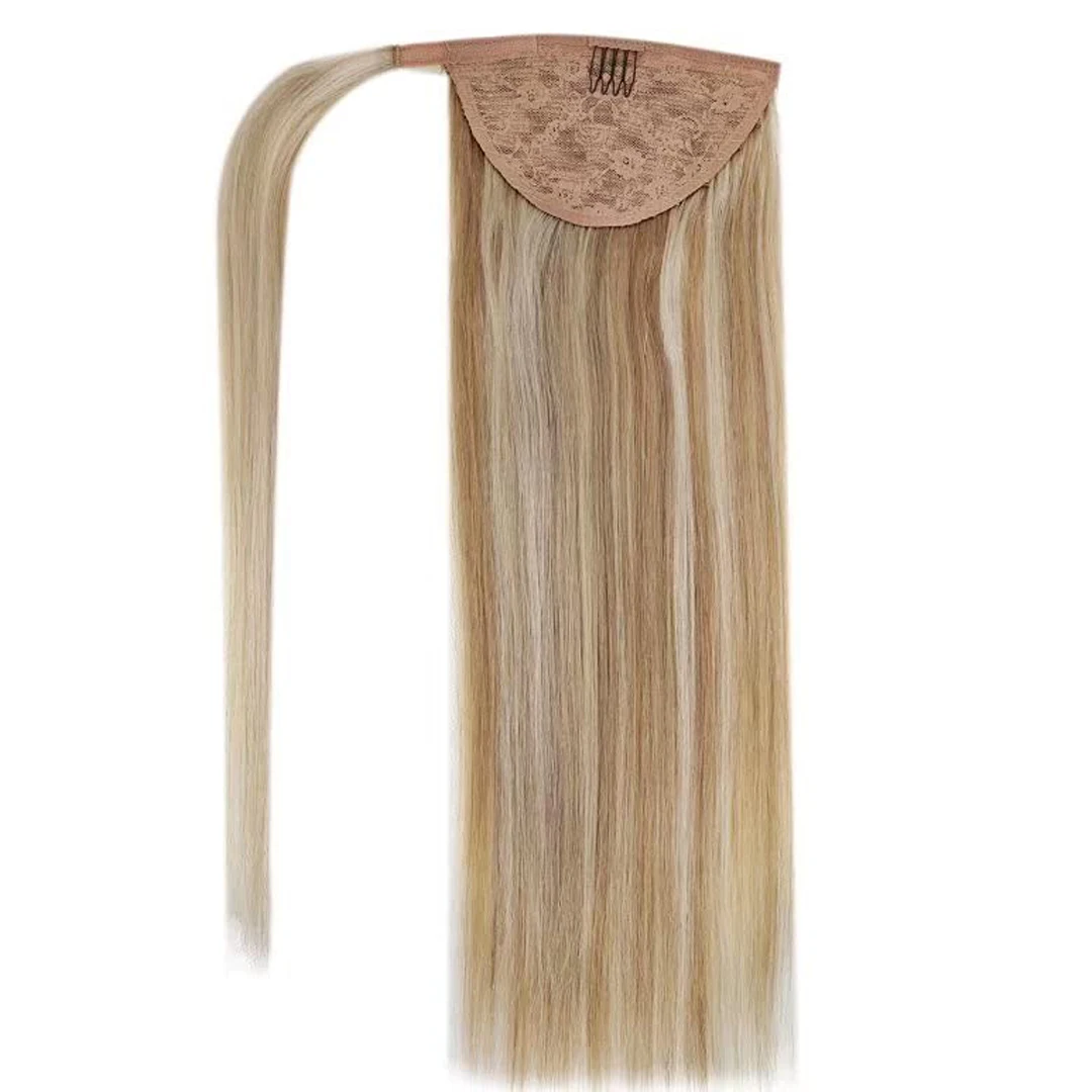 

TopElles Ponytail Extension Light Golden Brown Mix Light Blonde Silky Straight Ponytail Hair Piece