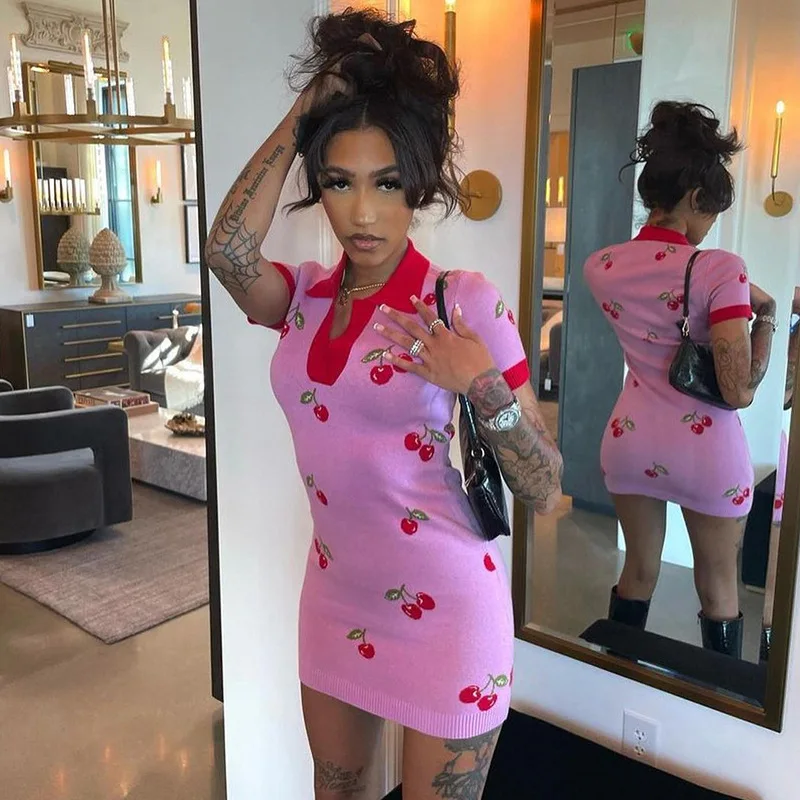 

New Fashion 2022 Summer bodycon sexy dress POLO short sleeve cherry print knit Pink sweater casual short dress for women lady