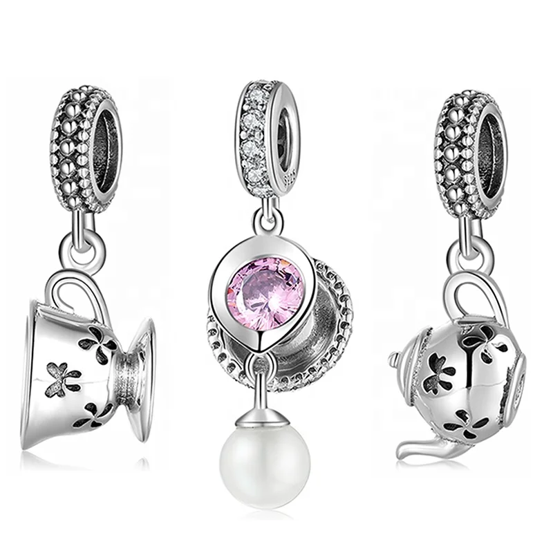 

Real 925 sterling silver Pink CZ cup & Pearl Fine Pendant Beads Charms for Bracelets women jewelry Wholesale