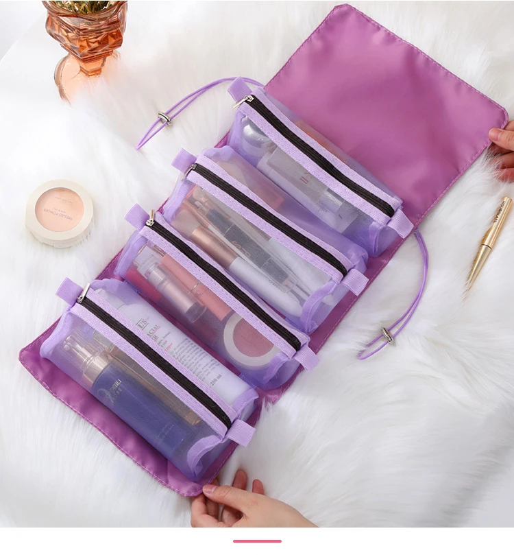 

4 in 1 Cosmetic Bags Or Pouches Detachable Mesh Folding Organizer Travel Makeup Bags With Hanging String, 6 colors