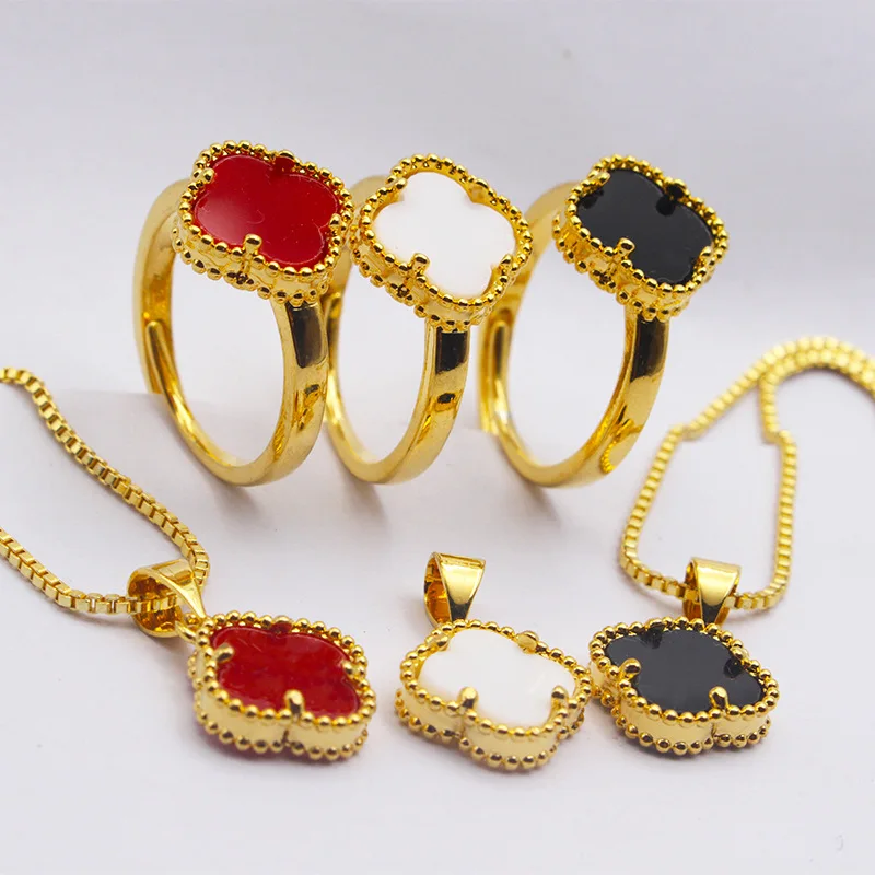 

Fashion plated 24k gold dripping oil four leaf clover necklace ring jewelry set for women