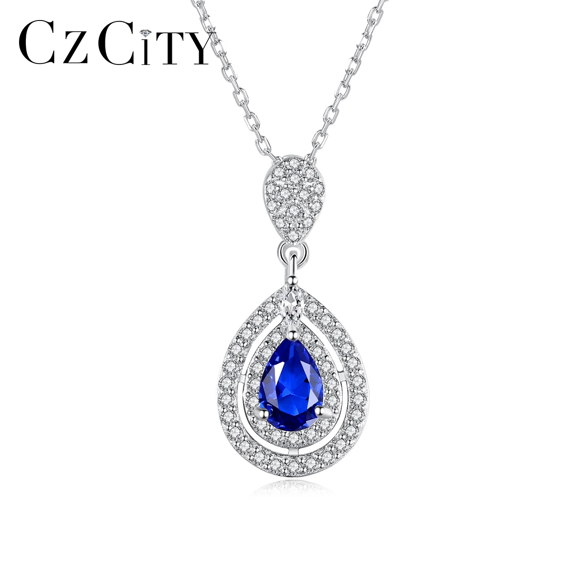 

CZCITY Women Jewelry 925 Fine Silver Necklace Blue Water Drop Shape Angle Tear Necklaces Wholesale