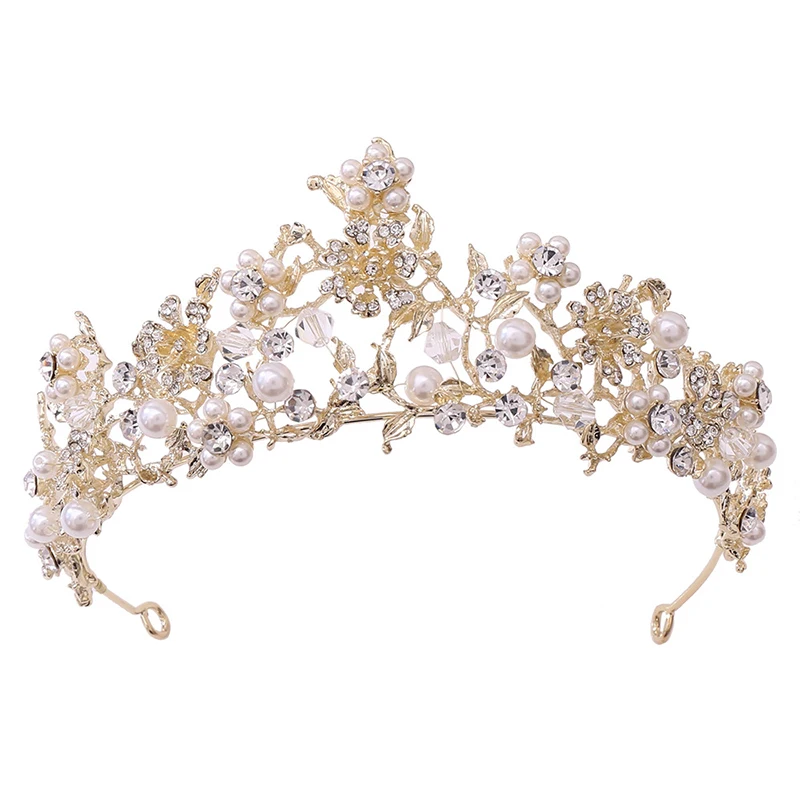 Handmade Beaded Pearl Diadem Alloy Crystal Queen Princess Pageant Tiaras Metal Rhinestone Floral Diamond Bridal Hair Accessories