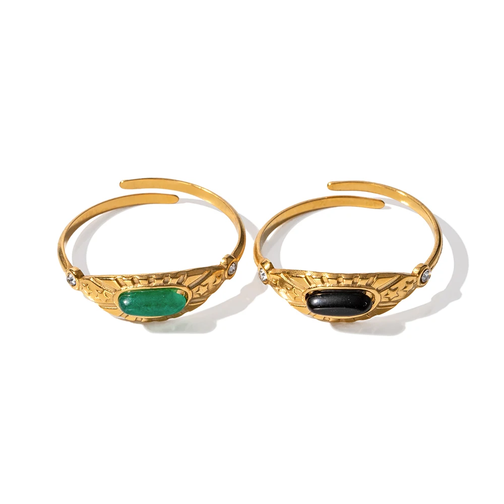 

16K Gold Plated Stainless Steel White Natural Stone Jade Cubic Zirconia Sun Star Design Adjustable Ring