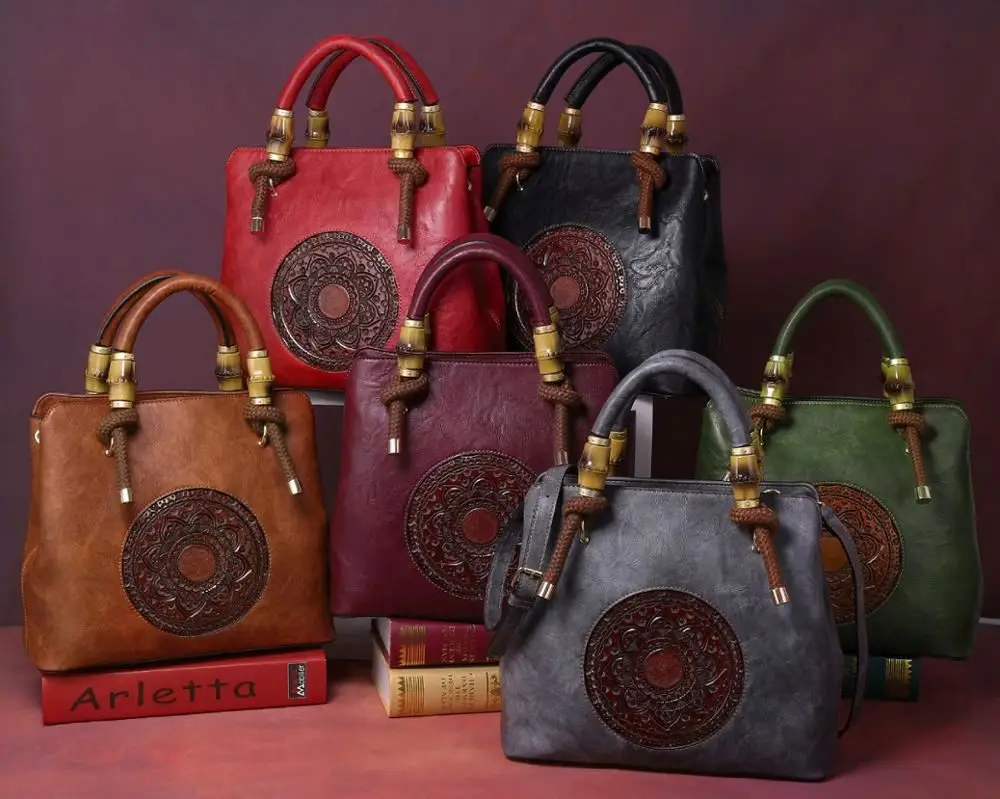 

High Quality Totem Embossed Retro PU Handbag Women Hand Bags With Bamboo Decoration Handle, Green , black , red , wine , grey