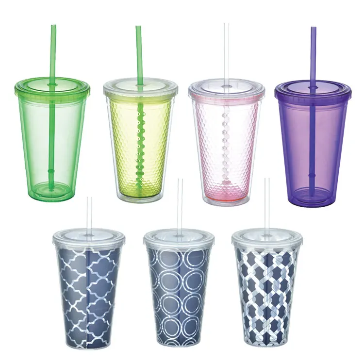 

BPA free eco-friendly 16 oz reusable clear coffee plastic cups with lids and straws, Transparent clear,blue,red,orange,green