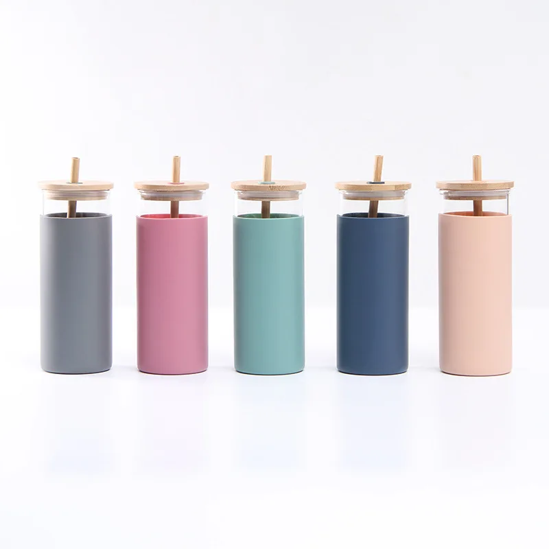 

2022 Hot Sales BPA free bamboo lid glass tumbler with silicone sleeve water bottle mug cup tumbler, Blue, green, pink, gray, rose red, bamboo