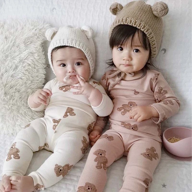 

Korea style 2 pieces sets full cover overall tedyybear teddy bear pattern printedbaby clothing sets with little small bear, Beige, light brown, light blue or custom