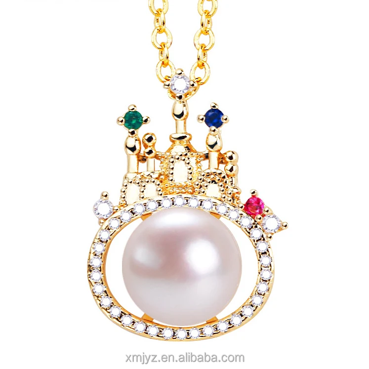 

Certified Natural Freshwater Pearl Pendant Micro-Inlaid Color Zircon Castle Necklace Bulb Pearl 18K Gilded Jewelry Gift