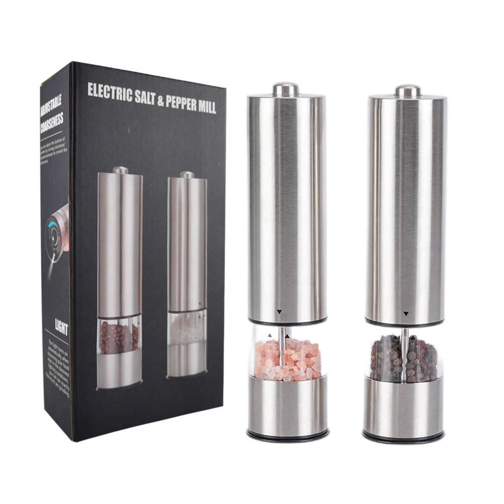 

Stainless steel pepper mill automatic electronic thumb salt and pepper grinder set of 2 with stand