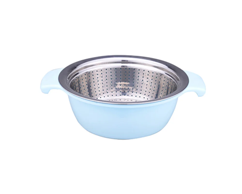

household kitchen multi-size stainless steel basin plastic drain basket strainer 201stainless steel cookware set washing basket, Blue yellow