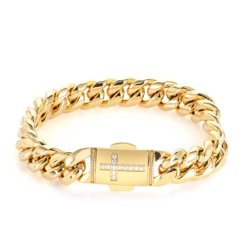 

Stainless Steel Cuban Chain Miami Cross Micro Inlaid Zircon Men Gold Bracelet, Picture shows