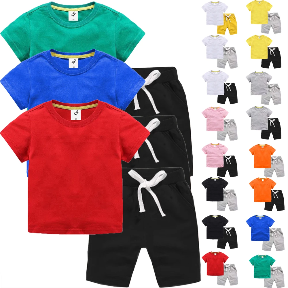 

Kids Clothes 3-8 Years Two Pieces Summer Clothes Set Short Sleeve T Shirt Shorts LOGO Custom Casual Outfits Children Clothes