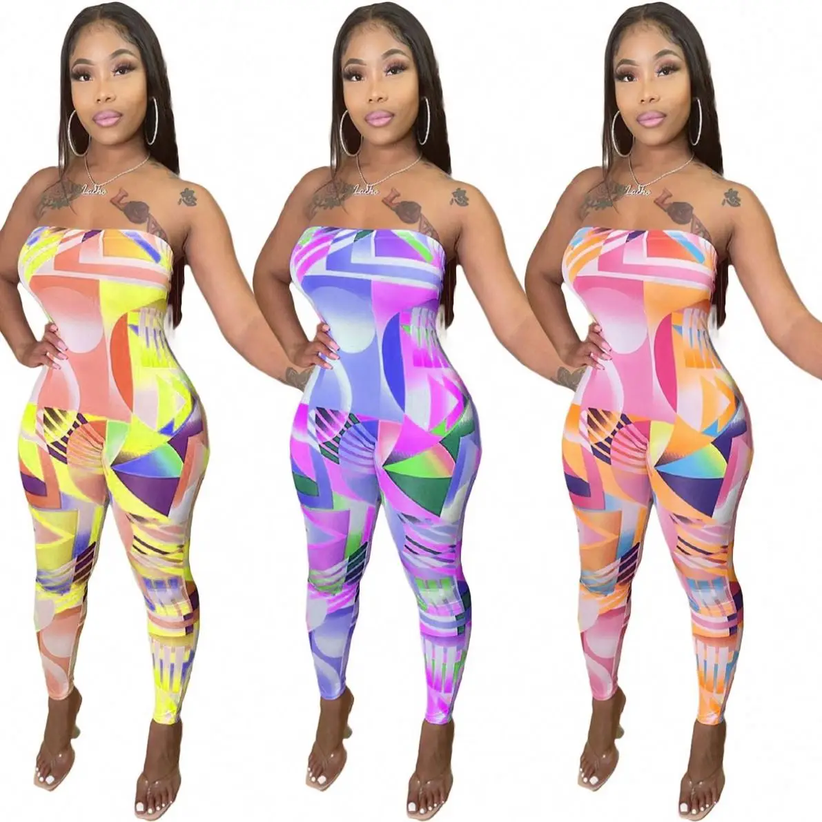 

2021 Ladies summer clothes eometric patterns geometric patterns female one piece jumpsuit with color patchwork