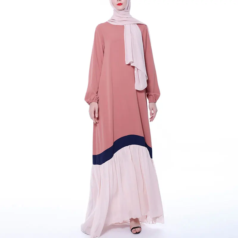

online popular high quality matching 3 color loose abaya dress for muslim, Brick red / light blue / black