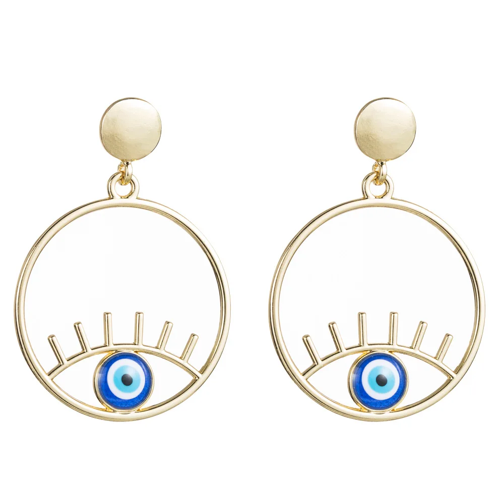 

2021 Sailing Jewelry Gold Plated Evil Eyes Statement Hoop Earring Hollow Blue Demon Eye Dangle Earring