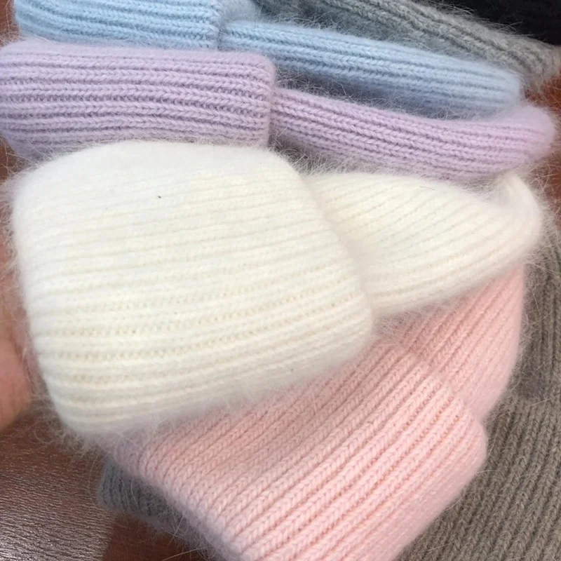 Winter Accessories Very Soft Angora Rabbit Fabric Knitted Warmer Thick Cuffed Beanie Hat