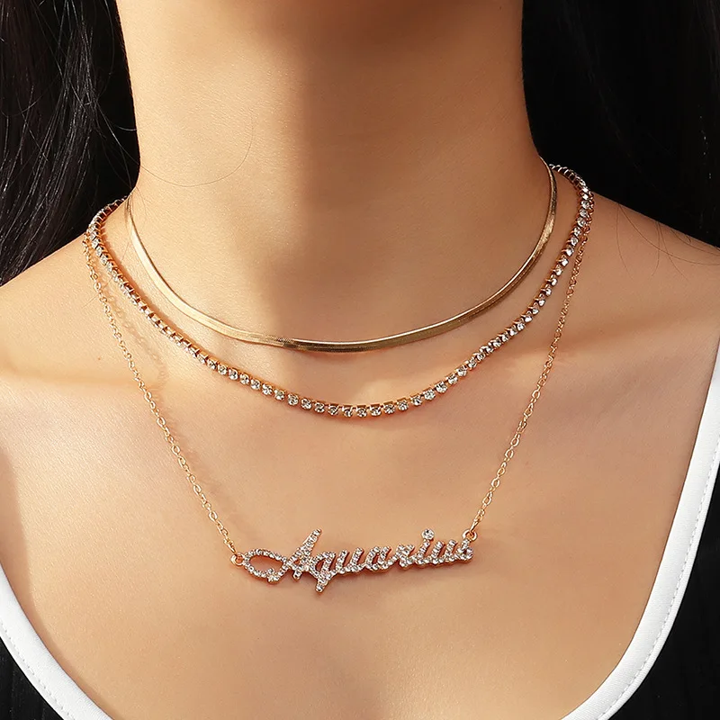 

Diamond Multi-layer Necklace Women gold plated Indian zodiac sign necklace 12 Constel Pendant zodiac necklaces wholesale