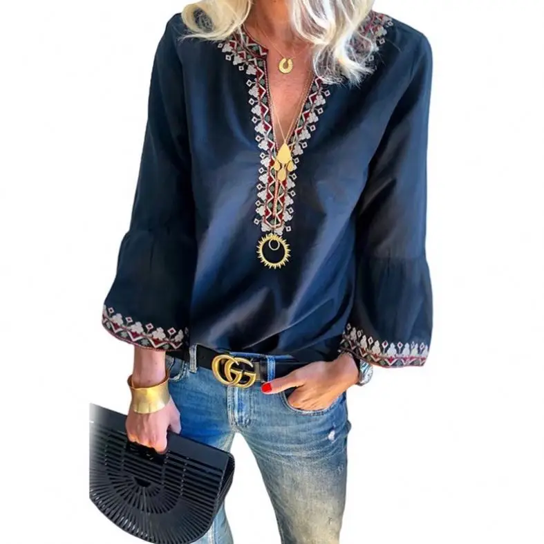 

V Neck Long Sleeve Casual Ladies Boho Tops Blouse