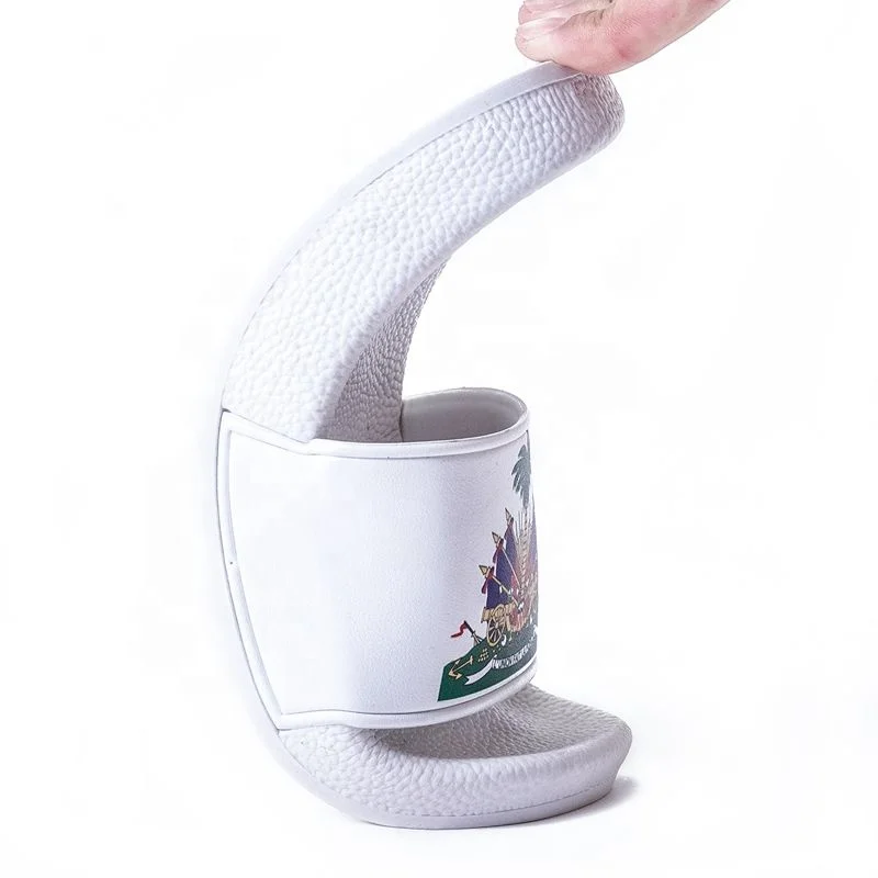 
2020 Hot Sale High Quality PCU Sole PVC Strap Red Custom Haiti Flag Slide Sandals With Logo Design Flip Flops 