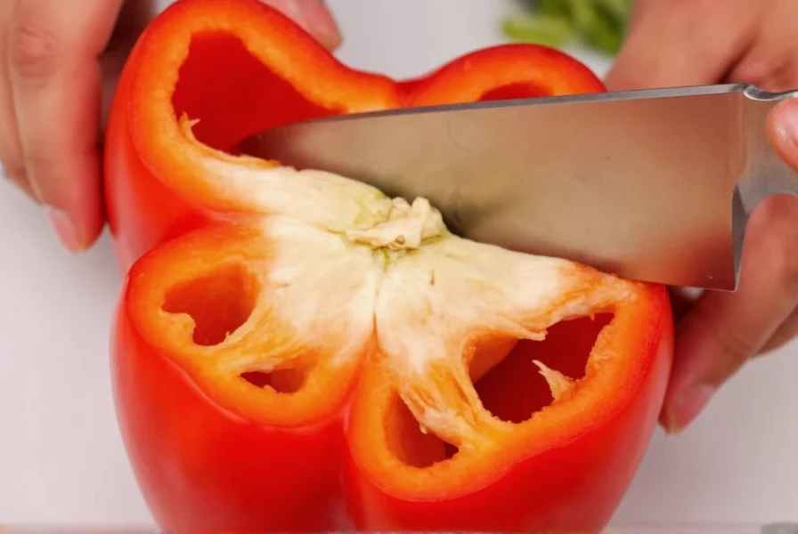 Close-up view showing knife slicing along white ribs inside bell pepper to remove seeds efficiently