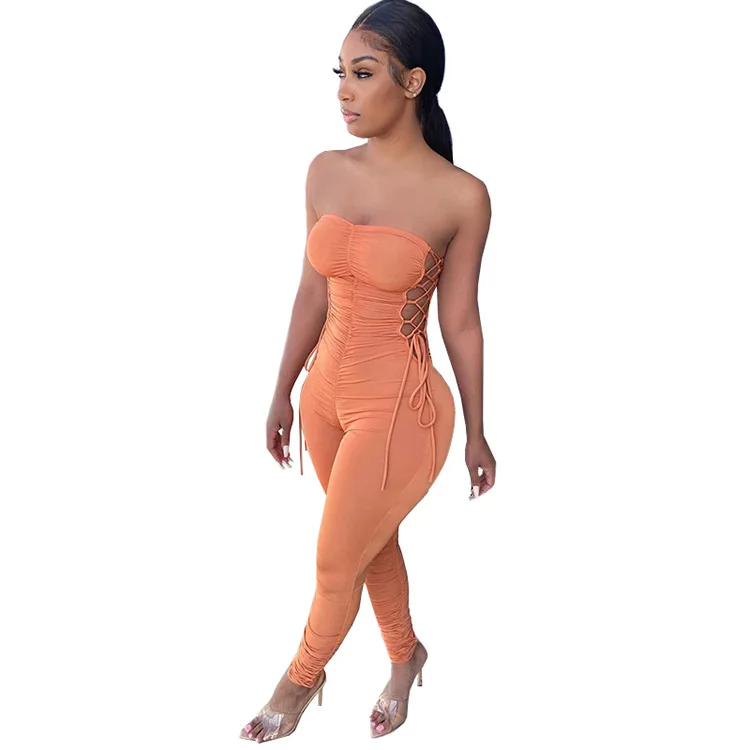 

Side Lace Up Off Shoulder Sleeveless Pleated Solid Color Sexy Jumpsuit