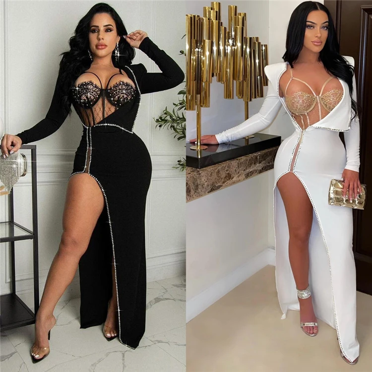 

Trendy Sexy Ladies 2 Piece Set Lace Bodysuit Long Sleeve Rhinestone Party Winter Women Two Piece Dresses Set