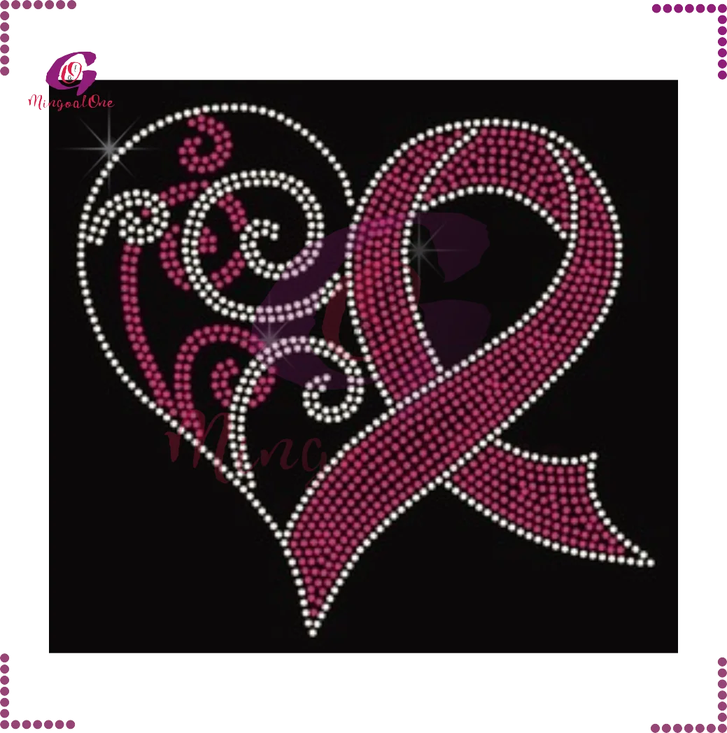 

Heart Pink Crystal Ribbon Customized Hotfix Rhinestone Transfer, Select from color chart