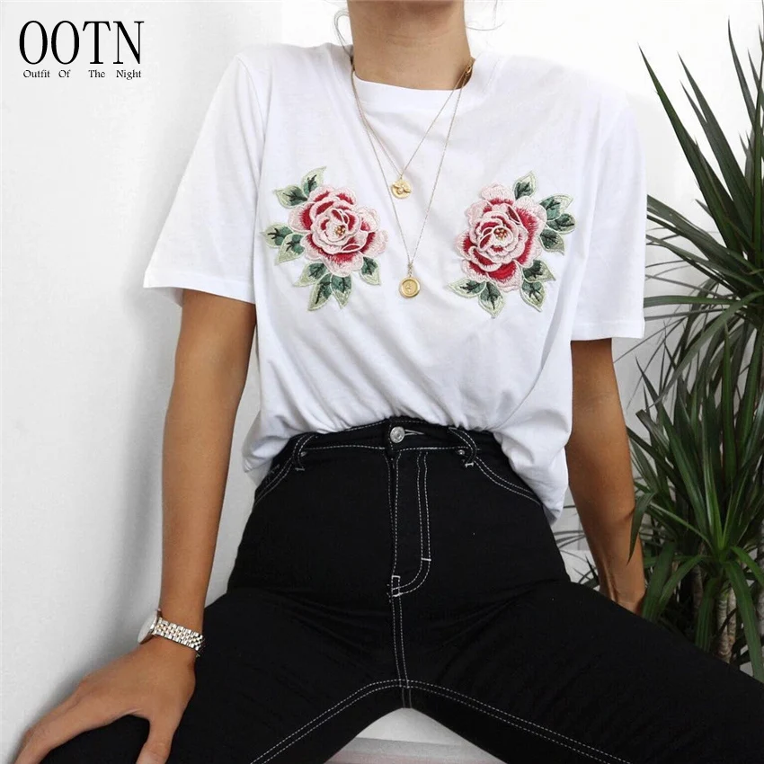 

OOTN White Cotton Basic Top Casual Pullovers Summer Women T-Shirt Short Sleeve Embroidered Womens Tee Shirts