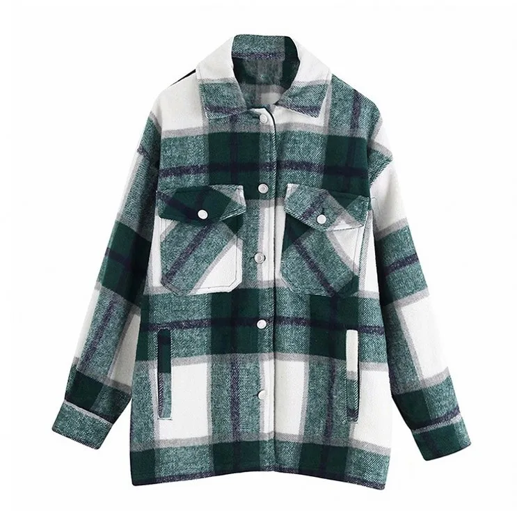 

Wholesale Boutique Women's Casual Wool Blend Plaid Button Down Long Sleeve Shacket Jacket Coat