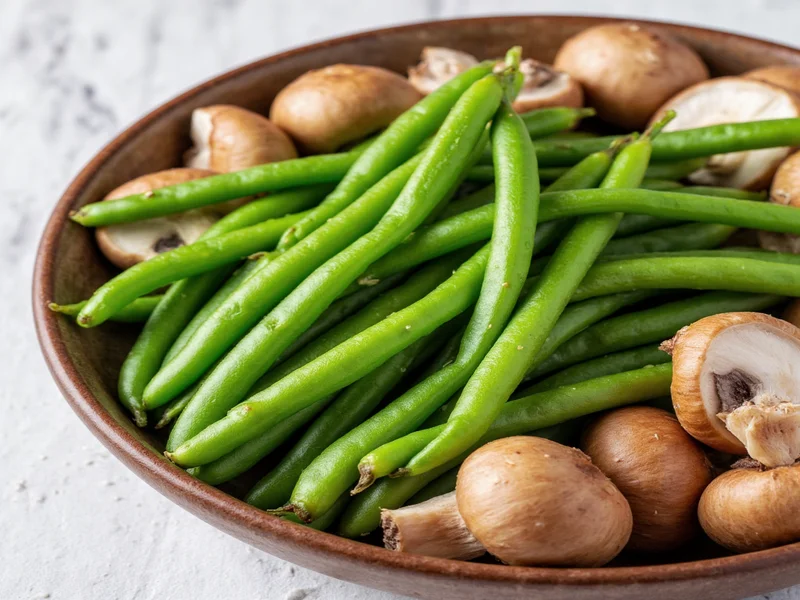 Fresh green beans in ceramic bowl with mushrooms