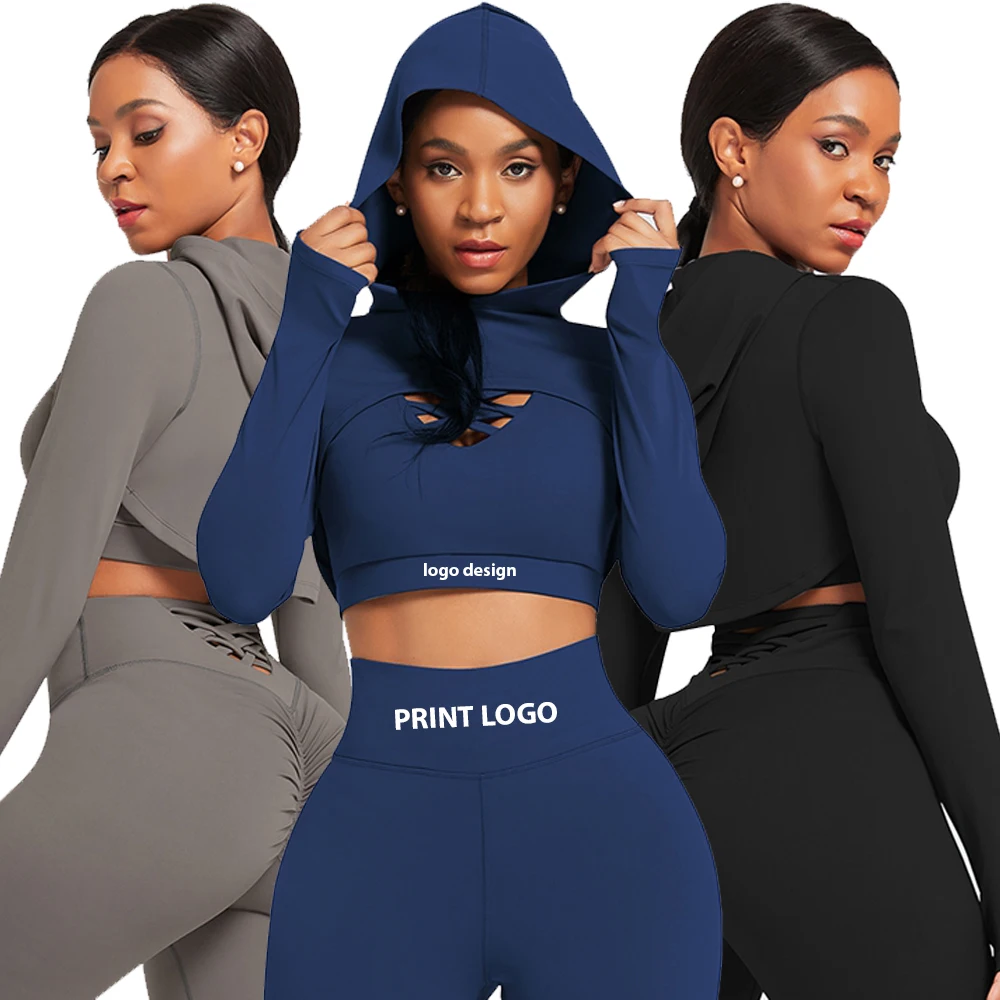 

Private Label Long Sleeves Hooded Crop Top Cut-out Yoga Top Workout Custom Hoodie with Thumb Holes, As picture