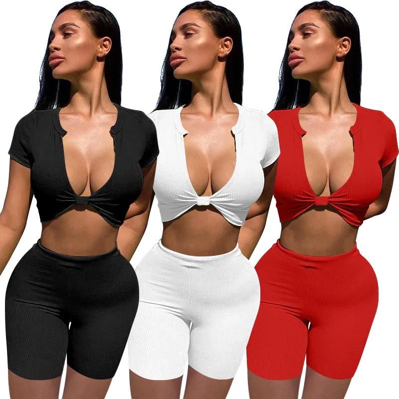 

Women Two Piece Set High Waist Short Pants And Sexy V-neck Vest Sets