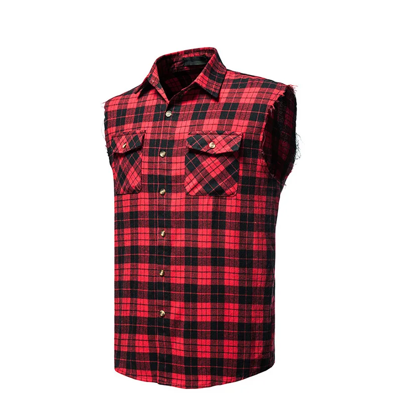 

Summer 2021 Street Hip Hop Style Single Row Button Lapel Vest Jackets Mens Casual Flannel Plaid Sleeveless Shirts