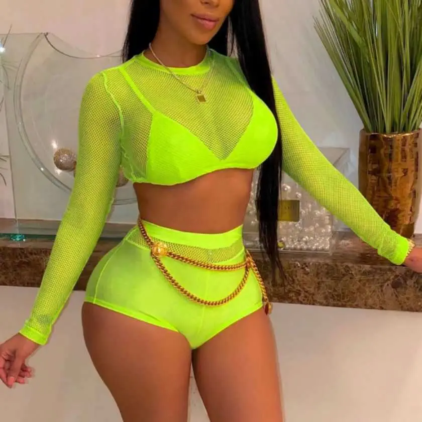 

Sexy gauze see-through women two-pieces sets long sleeve backless crop top and hot pants solid color fashion club suits, Yellow
