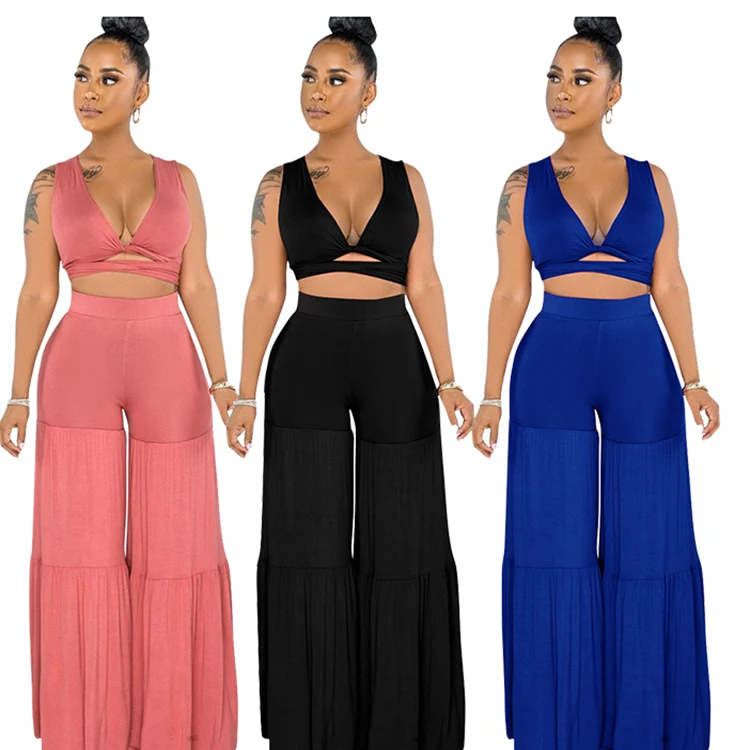 

MISSMOEN New Fashionable Casual Solid Low-cut Women Clothing Wide Leg 2 Piece Pants Set