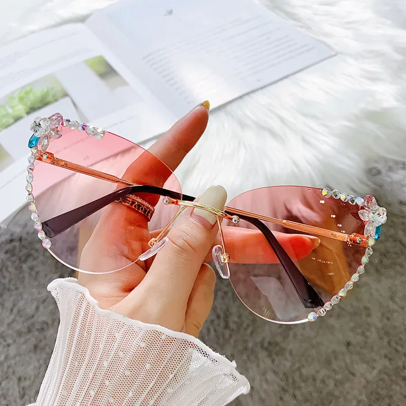 

2022 New Arrivals Cat Eye Rimless Cutting Sun Glasses Women Metal Diamond Sunglasses Luxury Female Rhinestone Bling Eyewear, 6 colors