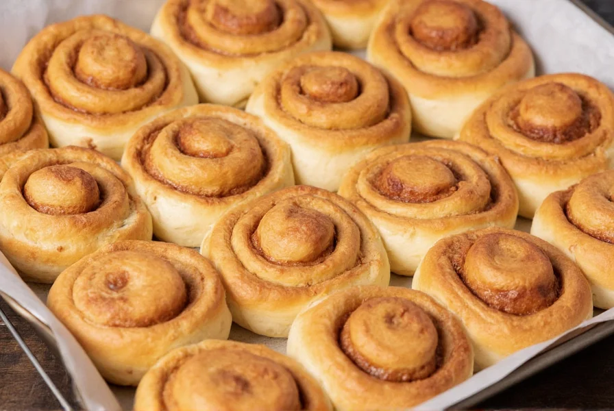 Perfectly baked golden brown cinnamon rolls on a baking sheet showing ideal color and texture