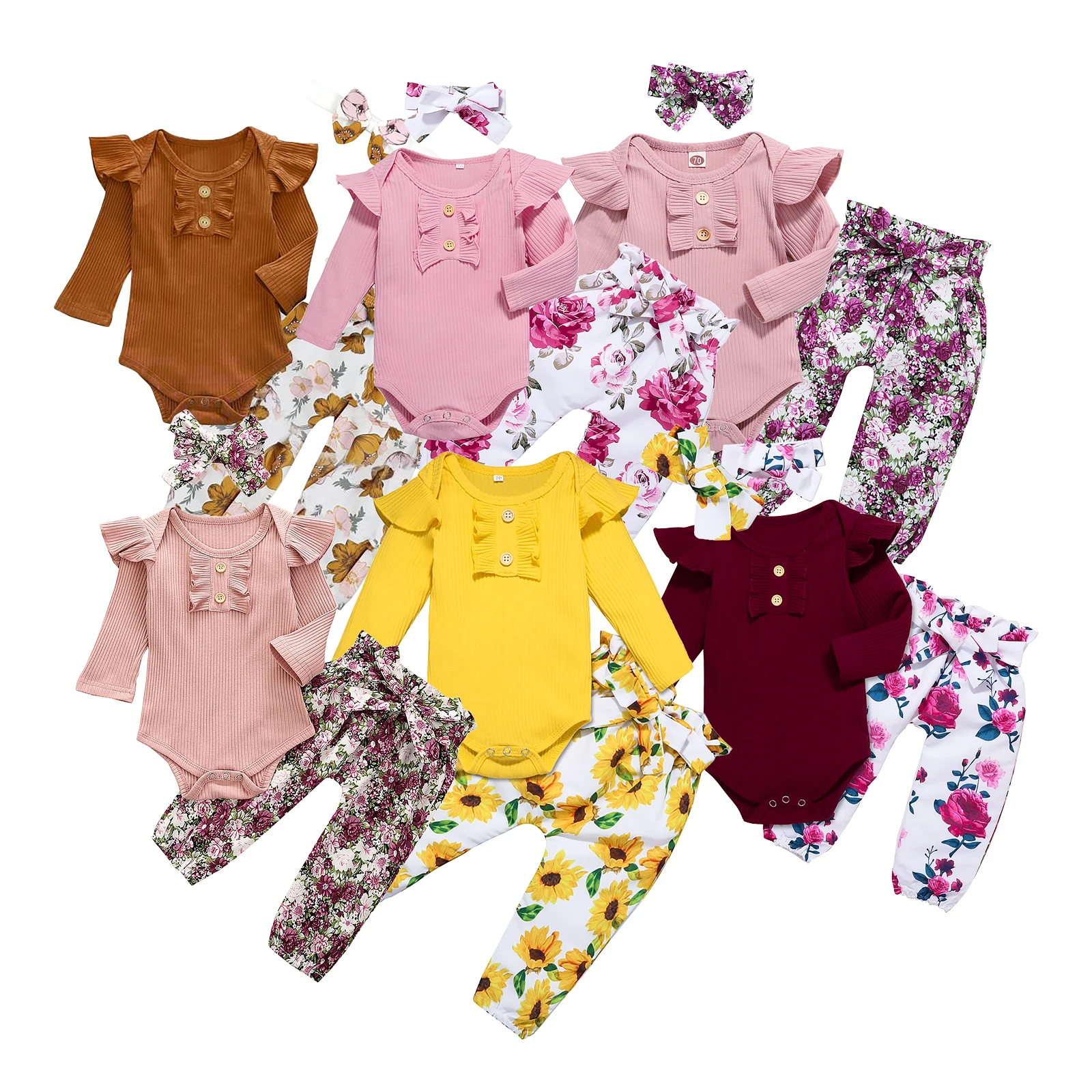 

Amazon Sells Baby Clothes Set Baby girl Clothes Solid Color Line rompers with Trousers Headband, Yellow