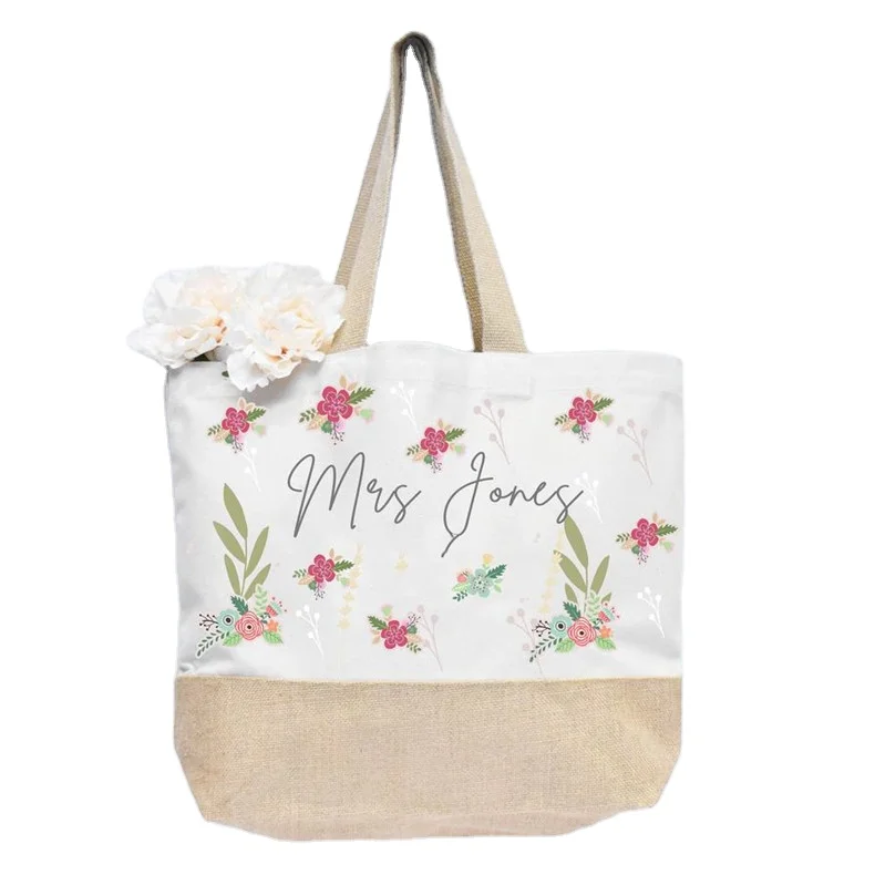 

Personalised Large Shopping Bridesmaid Beach Bags Burlap Canvas Jute Tote, Customized color