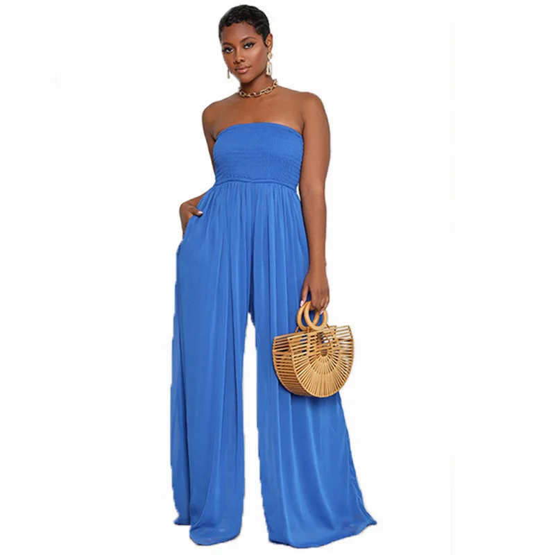 

2021 Latest Design Summer Casual Solid Color Strapless Chiffon Corset Wide Leg Jumpsuit Pants Women'S One Piece Rompers