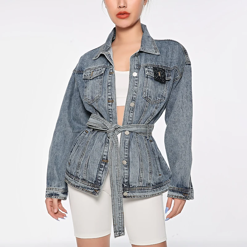 

2021 Womens Jeans Coat Jackets Spring Fashion Belted Chaqueta Mujer Woman's Casual Denim Jacket