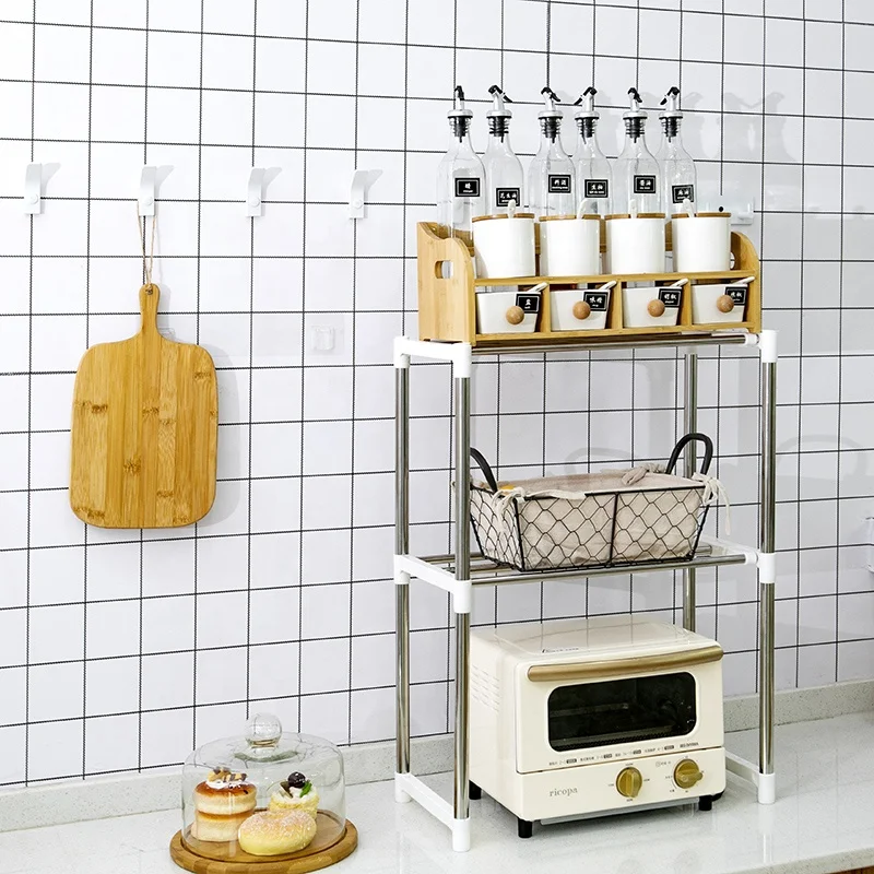 

Double layer retractable microwave oven kitchen stainless steel storage rack, White