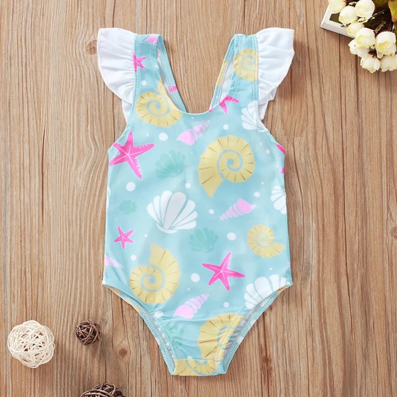 

Ebay Amazon wish Hot sale Shell print bow one-piece swimsuit baby swimwear, As pictures