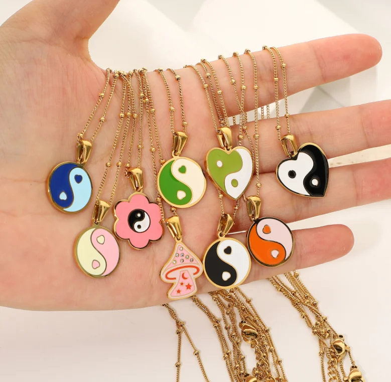 

Summer girls fashion spiritual jewelry 18k stainless steel colorful enamel mushroom sunflower yin yang balance pendent necklace, Gold